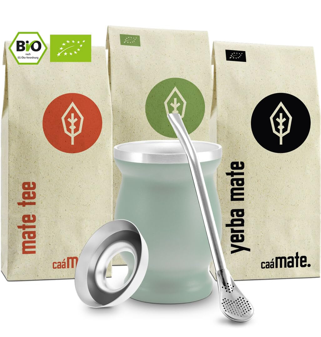 Set de ceai Mate Bio ● 3 sortimente de mate + cană Mate din oțel inoxidabil cu pereți dubli + Bombilla + instrucțiuni de preparare (negru)