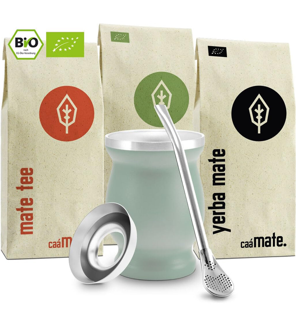 Set de ceai Mate Bio ● 3 sortimente de mate + cană Mate din oțel inoxidabil cu pereți dubli + Bombilla + instrucțiuni de preparare (negru)