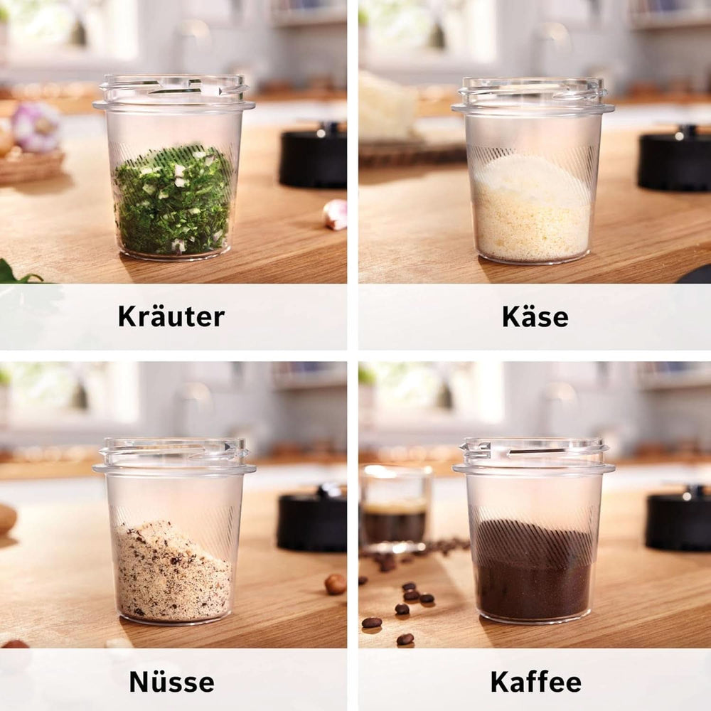 Batidora de mano Bosch Vitapower Serie 4 MMB6177S, Edelstahl-Klingen Made in Germany, Vaso de cristal termoseguro de 1,5 L, Botella para llevar de 0,6 L, Tapón, Kleinerkleinerer universal, 30.000 U/Min, 1200 W, Plata Cocina Naty Shop