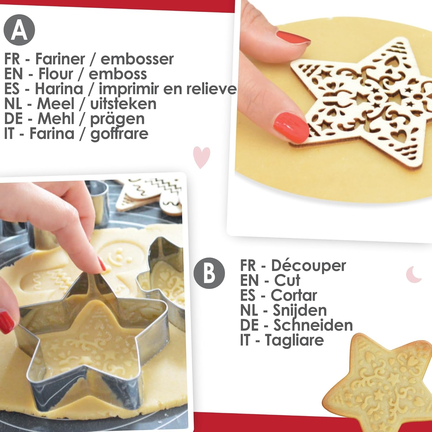 Set de copt SCRAP COOKING 2093 cu tăietor de pisici din oțel inoxidabil și aparat de vafe din lemn, potrivit pentru contactul cu alimentele, Crăciun