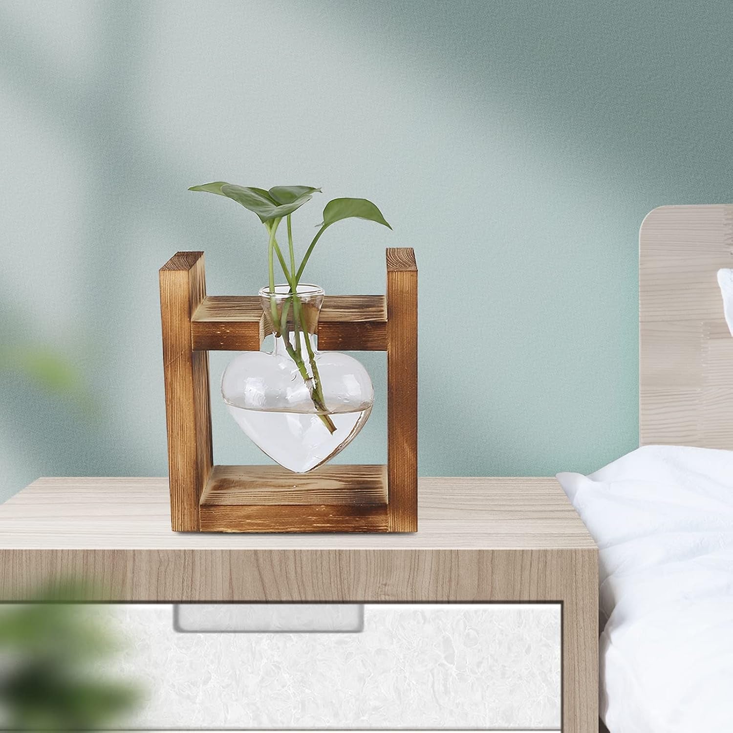 Terrario de plantas con soporte de madera, jarrón de mesa en forma de corazón, plantas hidropónicas de vidrio transparente para decoración del jardín del hogar, decoración de flores hidropónicas para oficina, sala de estar, cocina (A)