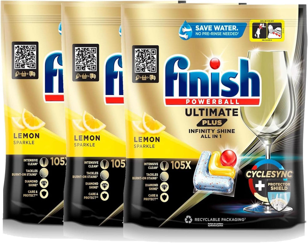 Finish Ultimate plus Infinity Shine Citrus Dishwasher Pastillas - Pastillas para lavavajillas, limpieza intensiva - 105 cápsulas, limón Naty Shop Set 3 x 105 cápsulas