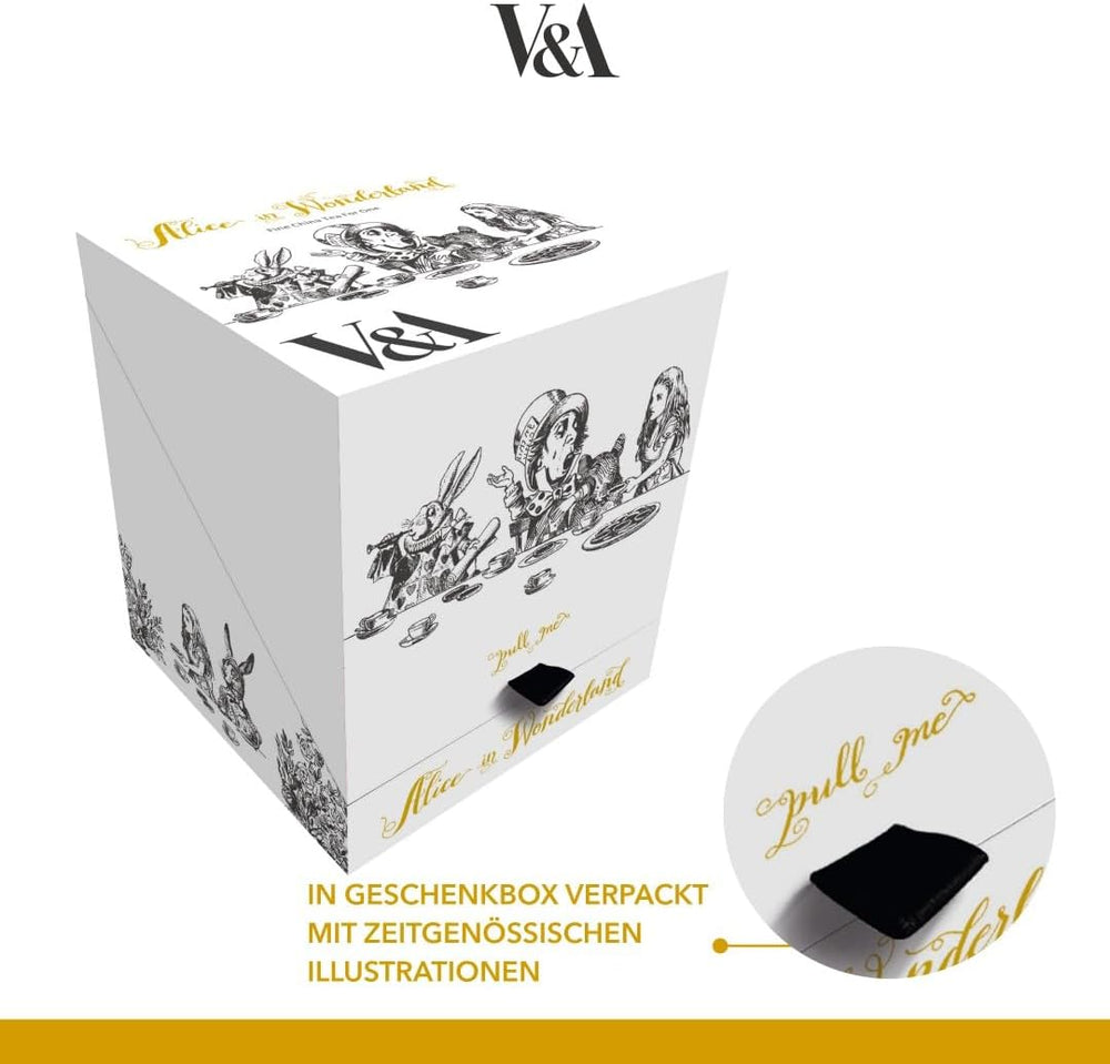 Set ceainic și ceașcă Alice în Țara Minunilor pentru 1 persoană în cutie cadou, serviciu de ceai din porțelan fin, alb, 250 ml