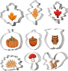 9pcs Herbst Ausstechformen Erntedankfest Ausstecher Blätter Keksausstecher Edelstahl DIY Plätzchenausstecher mit Ahornblatt Eichenblatt Eichhörnchen Eichel Igel Kürbis für Keks Fondant Backen