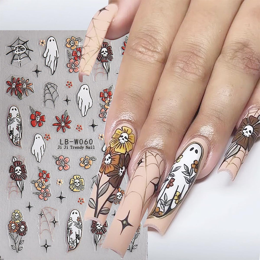 JMEOWIO Nagelsticker Halloween 9 Blatt Nail Art Sticker Selbstklebend Nagelaufkleber Süße Geisterblume Dekoration Nageldesign Zubehör
