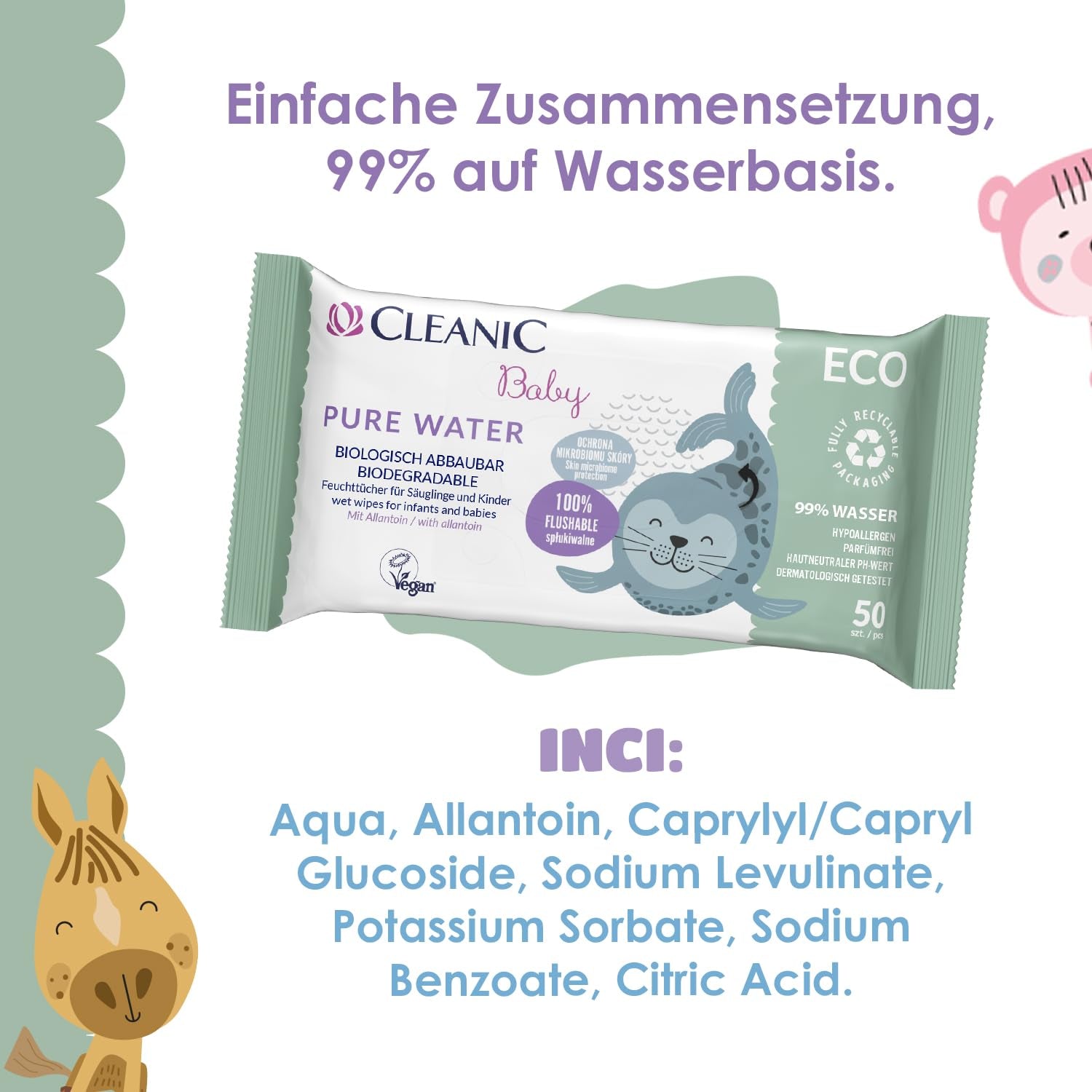 Toallitas húmedas Cleanic Baby Eco Pure Water - (1 x 50 uds.) Toallitas húmedas para niños y bebés - Piel sensible, sin fragancia, que se puede desechar - 50 uds.