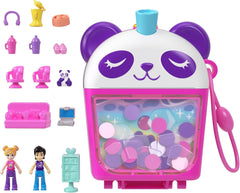 Polly Pocket păpuși și set de joacă, Bubble Tea Panda Box, jucărie pentru animale cu 2 păpuși mici, Panda și accesorii pentru mâncare, HWN95 Papusi Naty Shop Bubble Tea Panda
