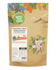 Muesli Deluxe Wholefood Earth - Mezcla de copos con frutos secos, nueces y semillas 1 kg | Sin OGM | Rico en fibra