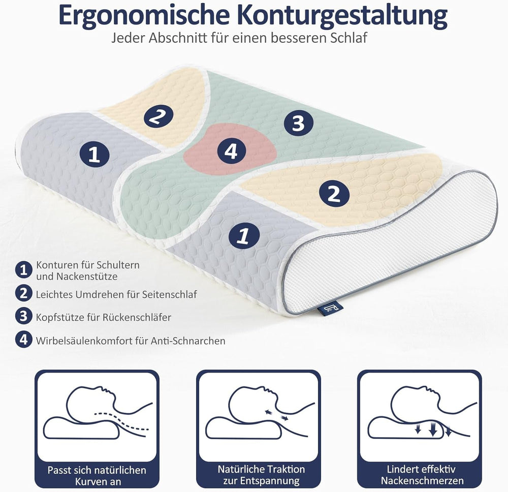 Pernă BedStory din spumă cu memorie, pernă cu suport pentru gât reglabilă pe înălțime, pernă ergonomică, pernă pentru dormit pe o parte pentru cei care dorm pe spate și pe burtă (60x36x12/10 cm)