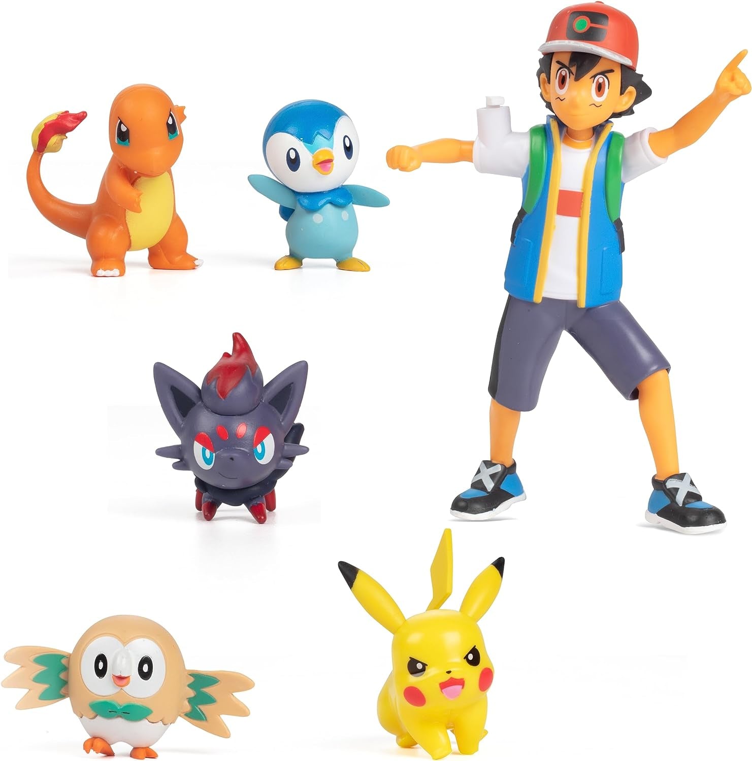 ¡Listo para la batalla Pokémon! Juego de figuras de 6 piezas - Ash de 11,4 cm y Pikachu de lanzamiento, Charmander, Rowlet, Piplup, Zorua de 5,1 cm - Licencia oficial - Regalo de Pascua para niños, niñas y niños Figuras de acción Naty Shop