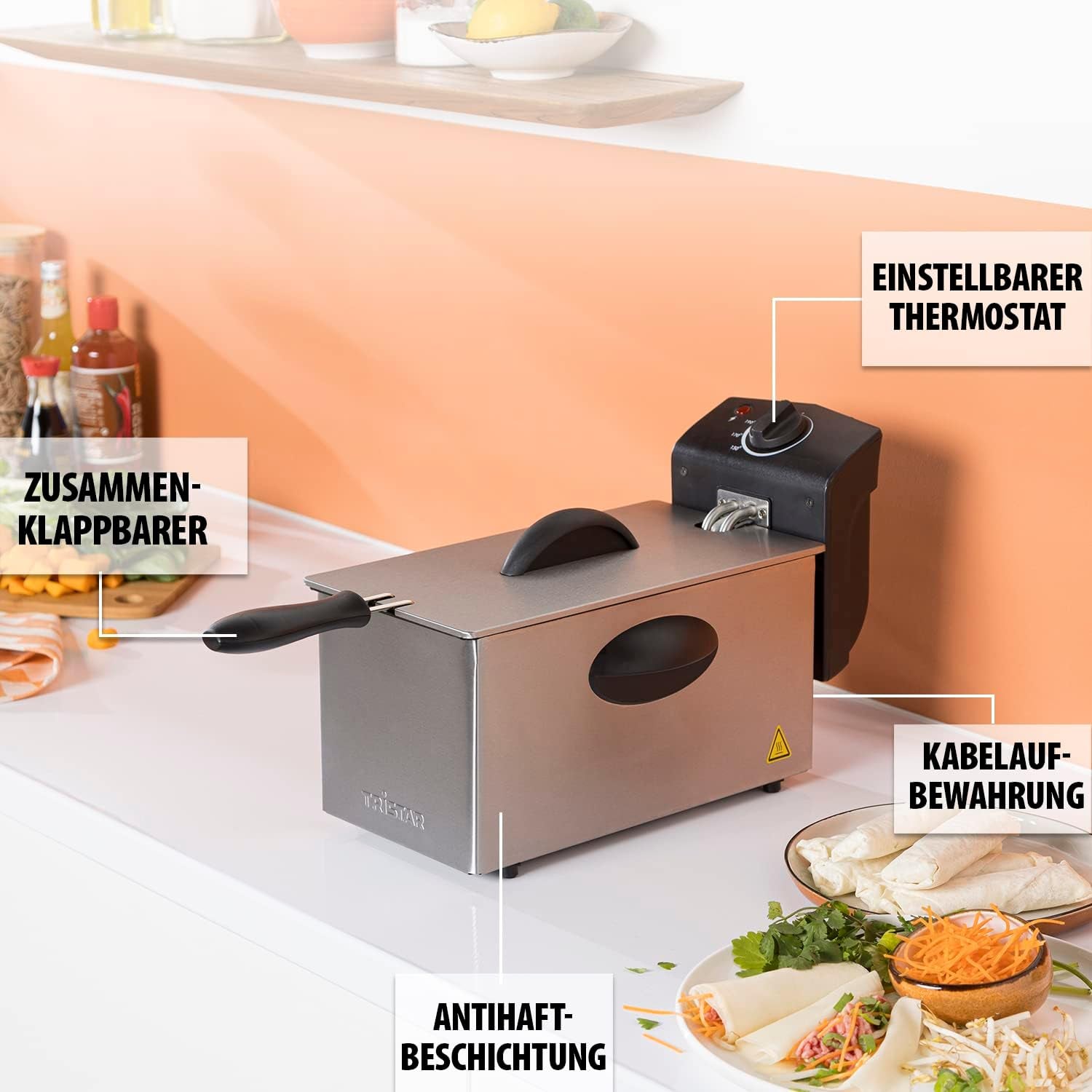 Freidora de aceite Tristar FR-6935, 2000 vatios, 3 litros, termostato, zona fría, 3-4 personas, metal Electrodomésticos Naty Shop