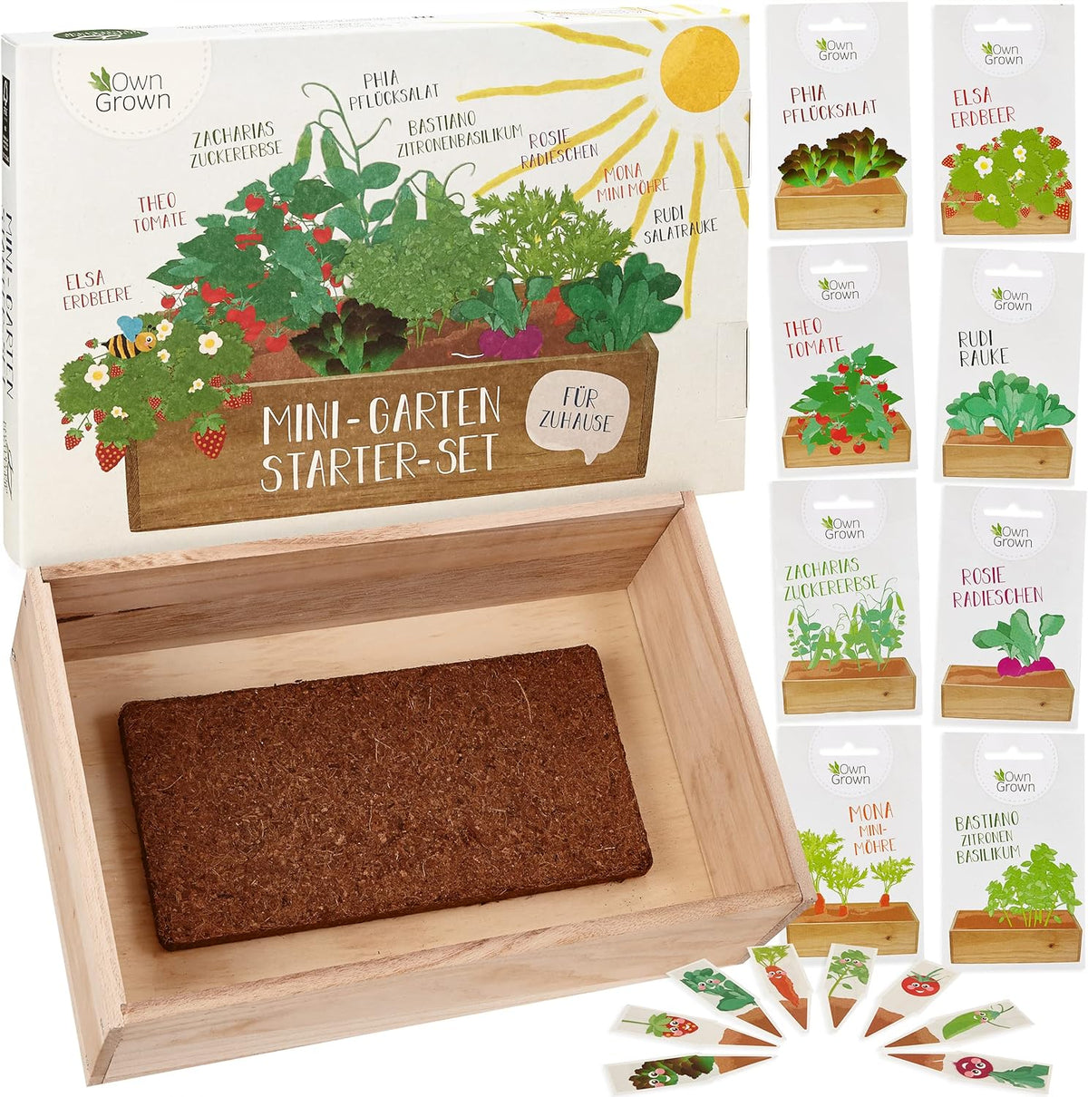 Kit de cultivo de semillas con caja de madera y 8 variedades de semillas de plantas: kit de cultivo de semillas de vegetales, fresas y hierbas para niños - Mini invernadero y mini kit de inicio de jardín de OwnGrown