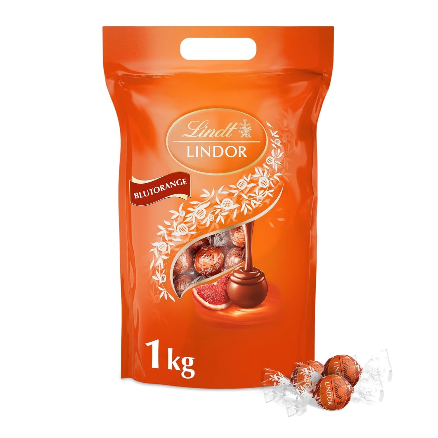 Lindt LINDOR Bolas de chocolate rojo y naranja | Bolsa resellable de 1 kg | aprox. 80 caramelos de chocolate con relleno que se deshace en la boca | Paquete a granel, regalo de chocolate.