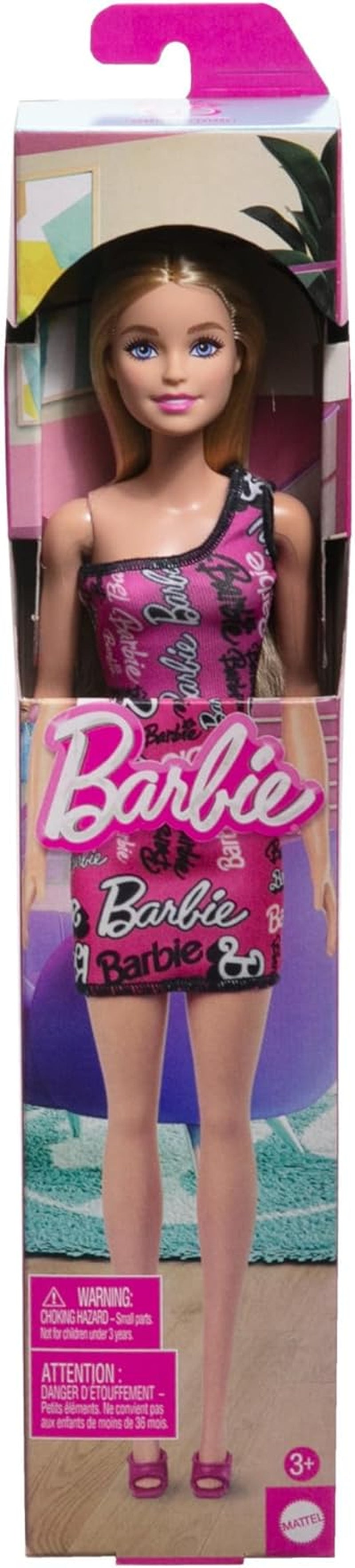 Muñeca Barbie Fashion con cabello rubio liso, vestido elástico rosa con un solo hombro y zapatos con logo impreso HRH07 Naty Shop Dolls