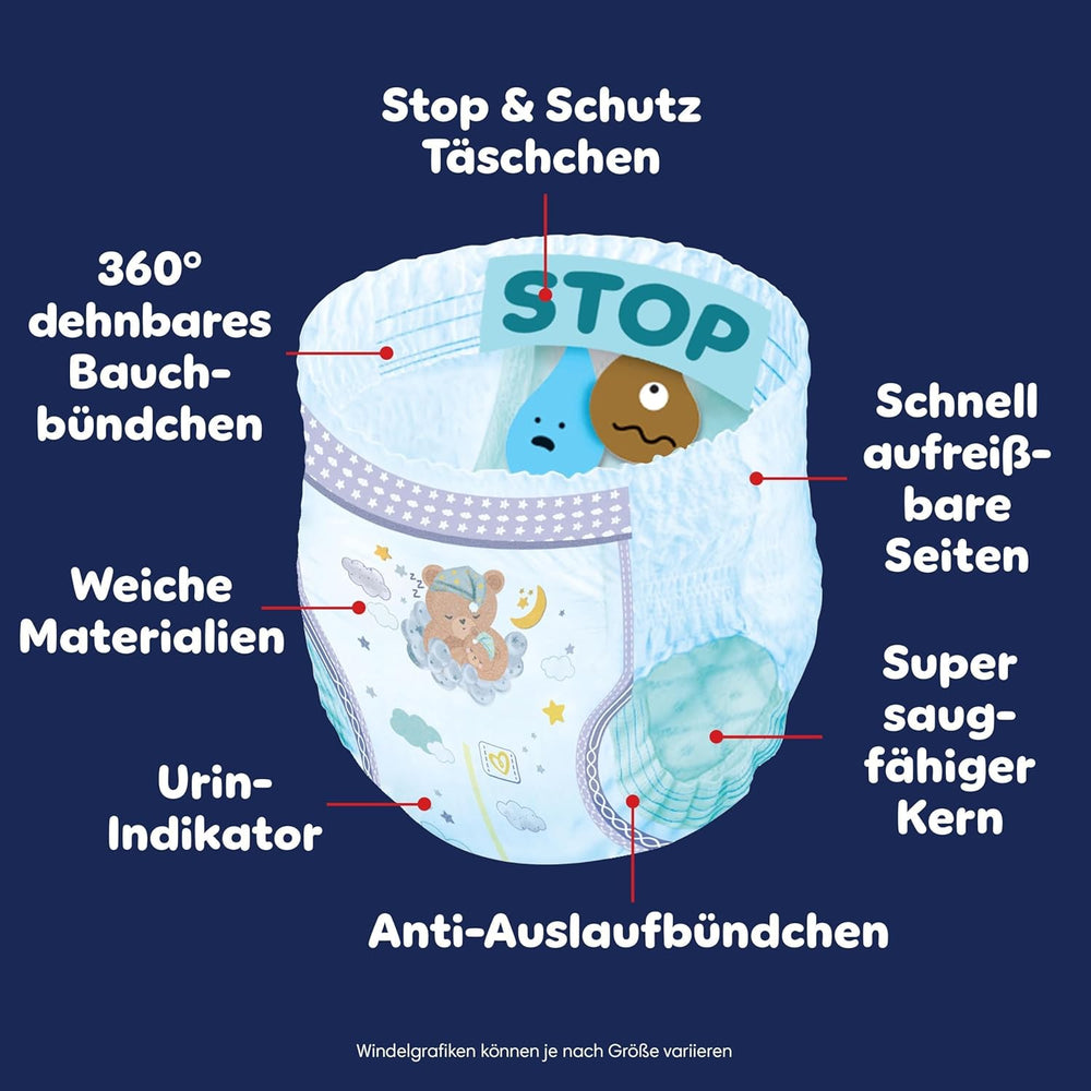 Los pañales Pampers Night Pants talla 6, 138 piezas, 13 kg-19 kg, brindan protección adicional durante toda la noche.