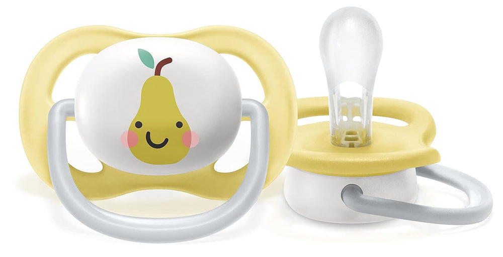 Suzetă Philips AVENT ultra air - pachet de 2, fără BPA, respirabilă, pentru bebeluși 0-6 luni, inclusiv cutie de transport și sterilizare, măr/pară (model SCF080/17)