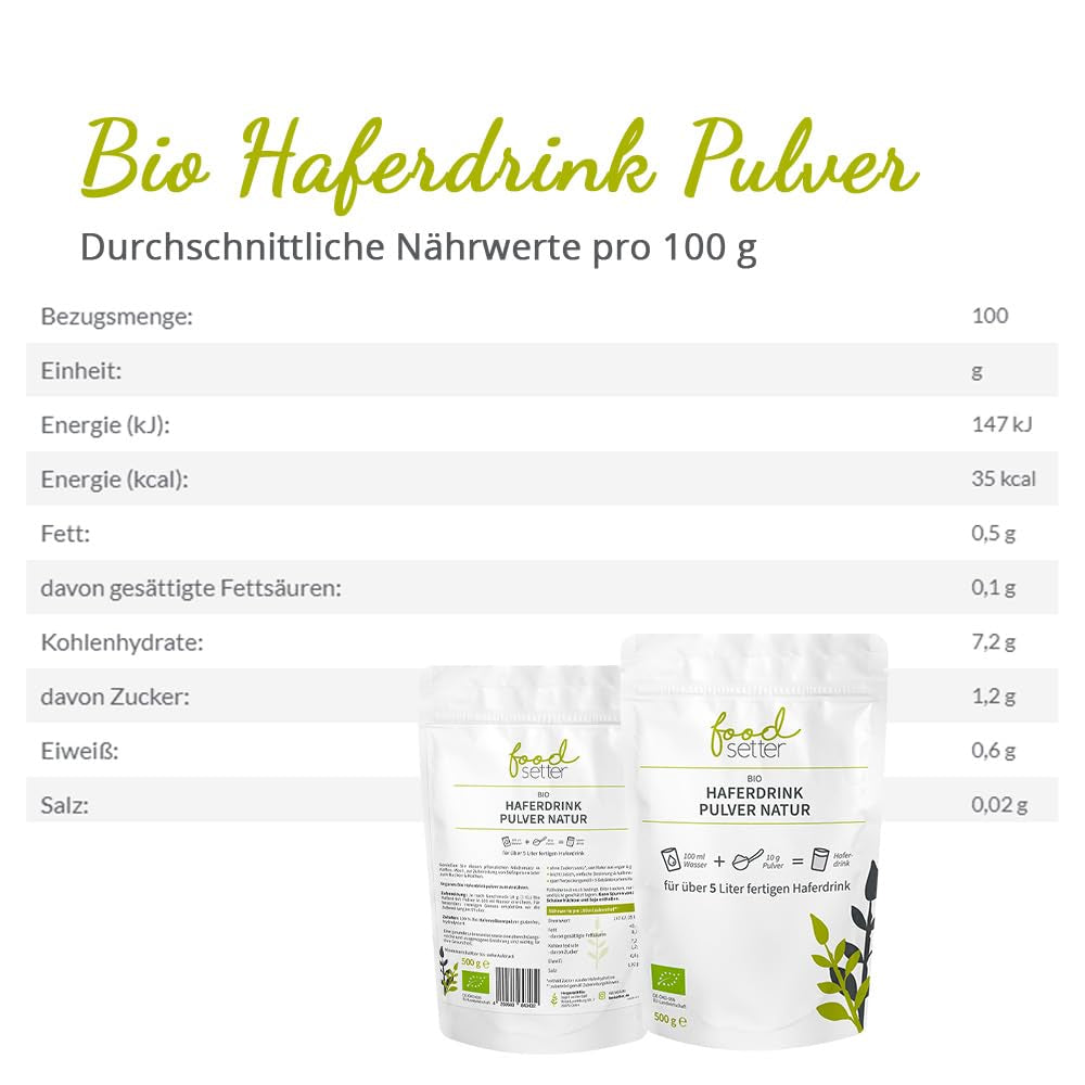 foodsetter Bio Haferdrink Pulver | Bolsa de 500 g | Haferpulver | Haferpulver instantáneo | Biocalidad | Vegano | Sin gluten | Ohne Zuckerzusatz | 0,5 kilogramos