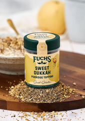 Fuchs Gewürze - Cobertura de gachas de avena "Sweet Dukkah" - Cobertura crujiente con Haselnuss, Sesam und Mandeln für Oat-Meals - aus natürliche Ingrediente - 60 g en wiederverwendbarer, recyclebarer Dosis