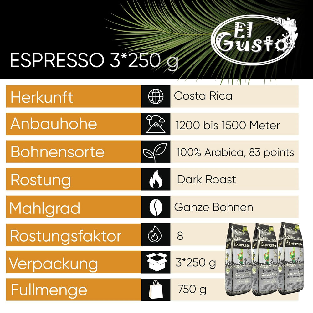 El Gusto Espresso Kaffee aus ganzen Bohnen aus Costa Rica, dunkel geröstet, kreative Mischung, 100% Arabica, frischer Gourmet-Kaffee 3er Pack