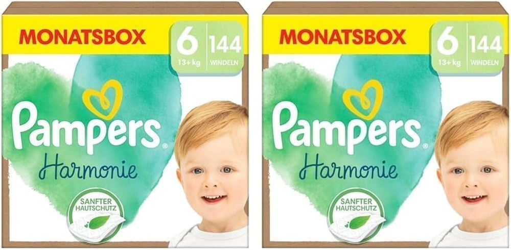 Pañales Pampers Harmony talla 6, 144 pañales, 13 kg+, protección suave para la piel con 100% protección Pampers