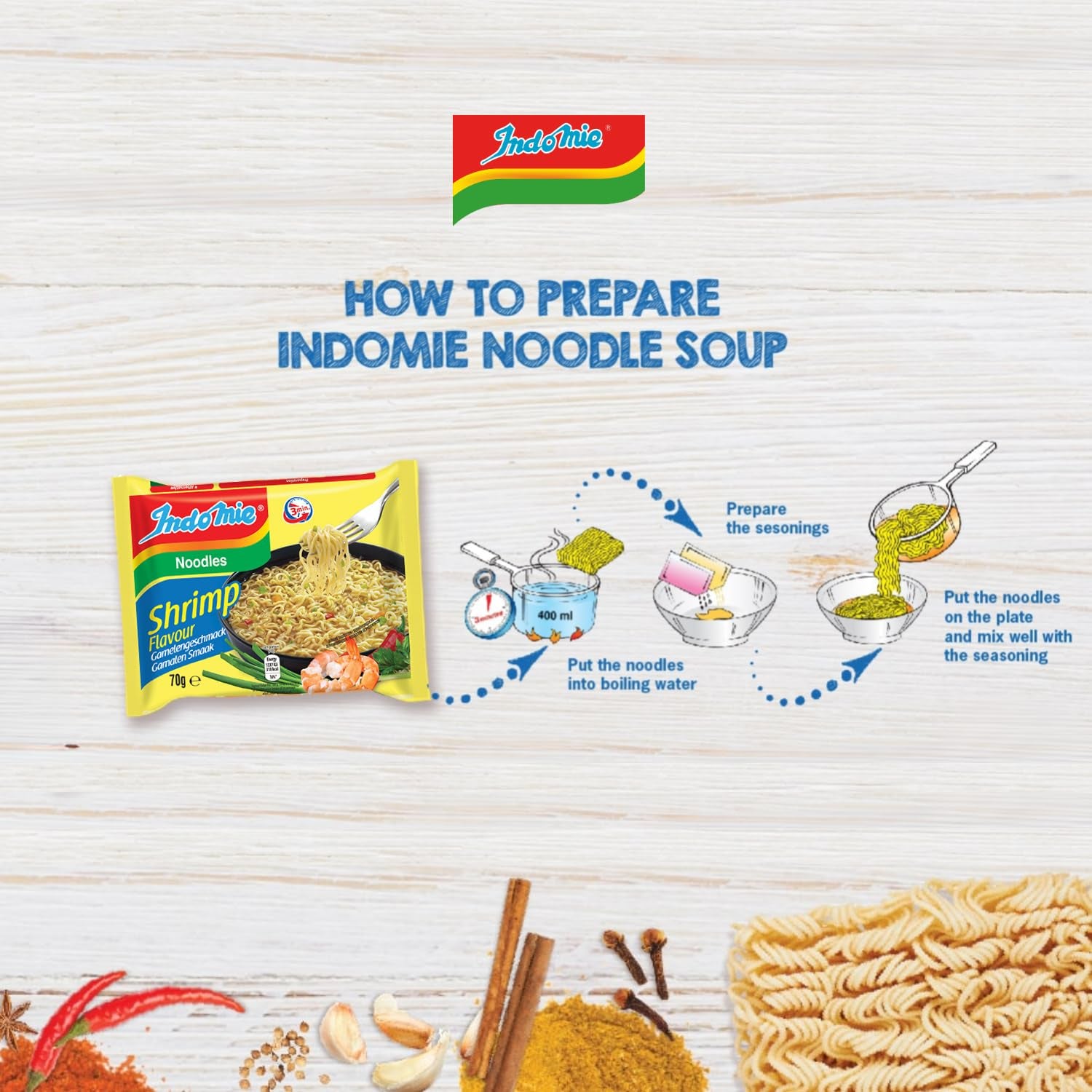 INDOMIE - Fideos instantáneos con gambas, paquete de 5 - (1 x 5 x 70 g)