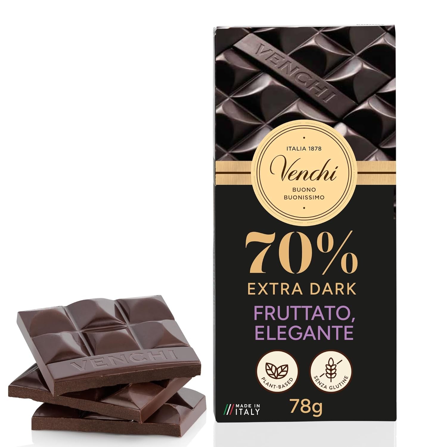 Venchi - Chocolate negro 70%, 78 g - Con mezclas de cacao seleccionadas - Sin gluten - Vegano