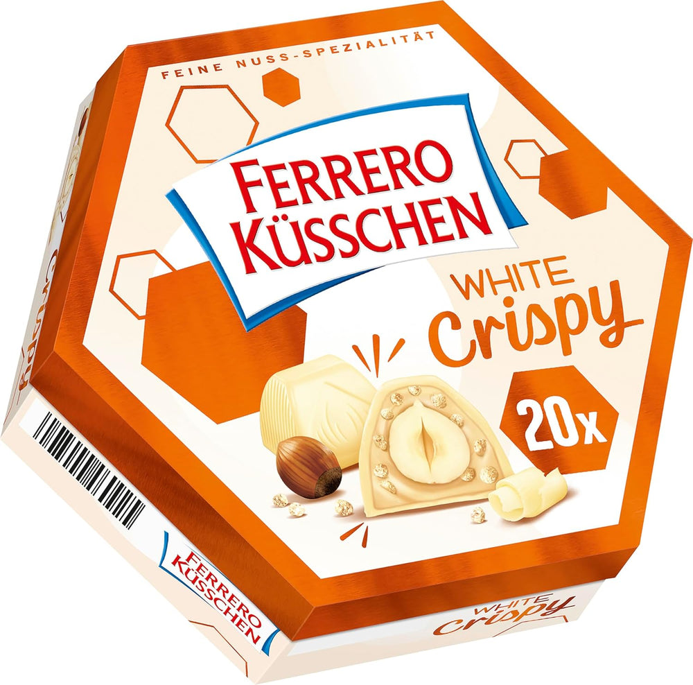 Ferrero Küsschen White Crispy - Regalo de San Valentín para él y para ella - Avellanas tostadas crujientes en crema ligera con chips crujientes, cubiertas de chocolate blanco, 1 paquete de 20 bombones individuales