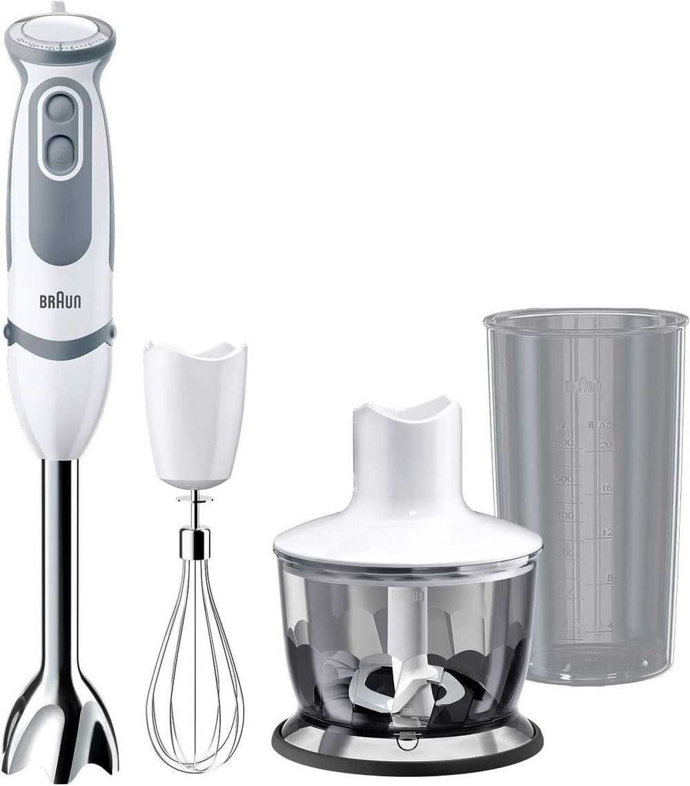 Braun Stabmixer MQ 5200WH - Multiquick 5 Vario Pürierstab Mit Edelstahl Mixfuß, 1000 Watt, Inkl. 600 ml Mix- & Messbecher, Weiß/Grau Kitchen Naty Shop Versión 2019 – Schneebesen