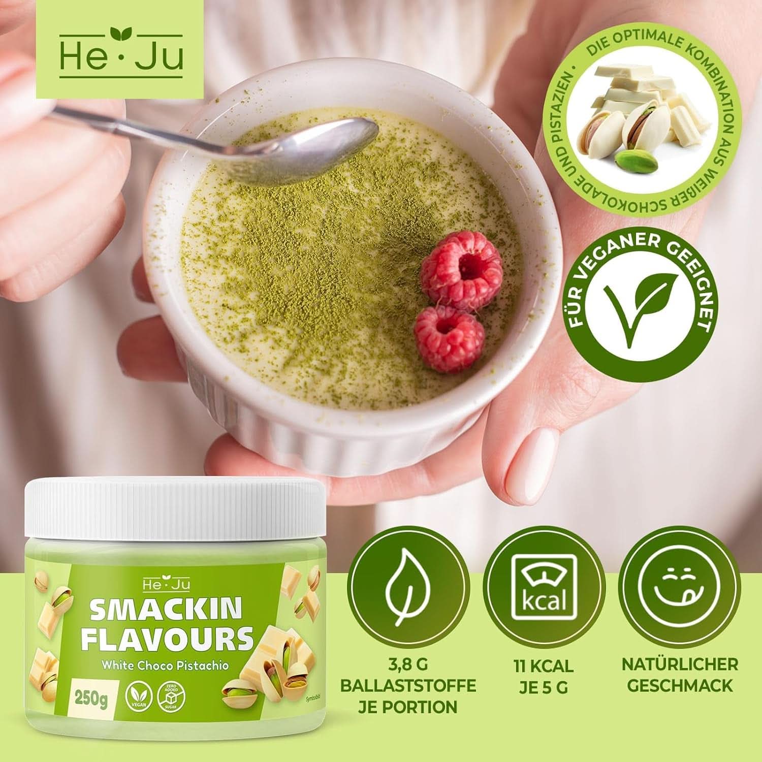 He-Ju, Polvo con sabor a chocolate blanco y pistacho, 250 gramos Naty Shop Sabores