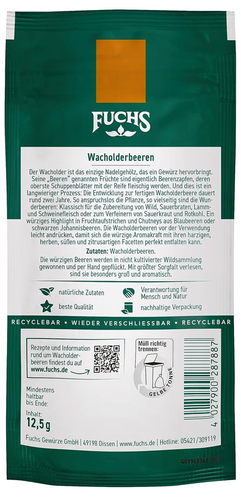 Fuchs Gewürze - Wacholderbeeren im wiederverschließbaren, reciclable Beutel - aus natürliche Ingredient - 12,5 g