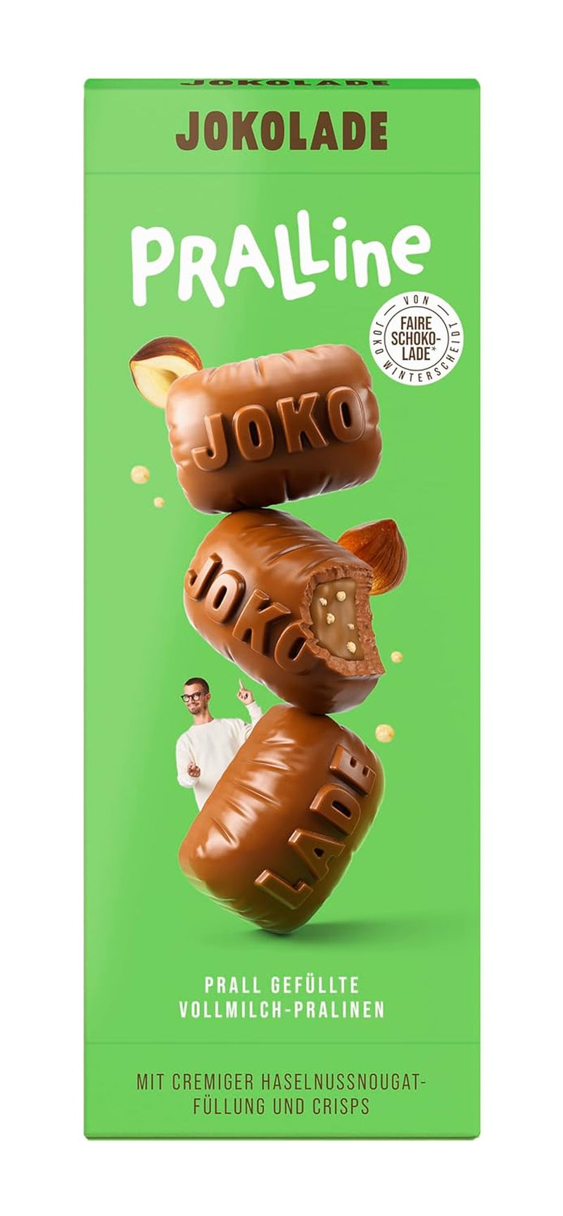 JOKOLADE PRALINÉ Caja 80g | Relleno generoso de crema de turrón de avellanas y chips | Chocolate de comercio justo de Joko Winterscheidt