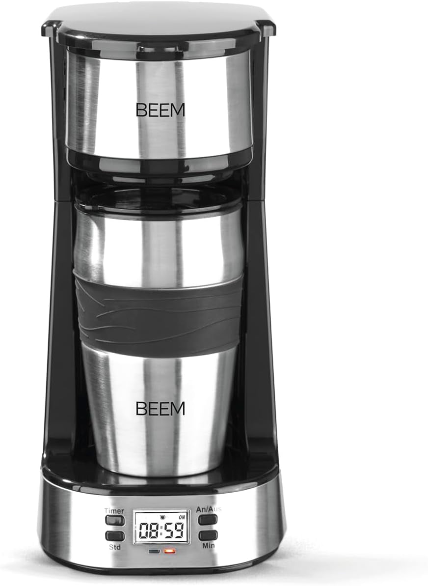 Espressor cu filtru unic BEEM THERMO 2 GO cu cană termică de 0,4 l | Filtru permanent | Cu cronometru de 24 de ore pentru o ceașcă de cafea fierbinte dimineața, fără așteptare | 750 W