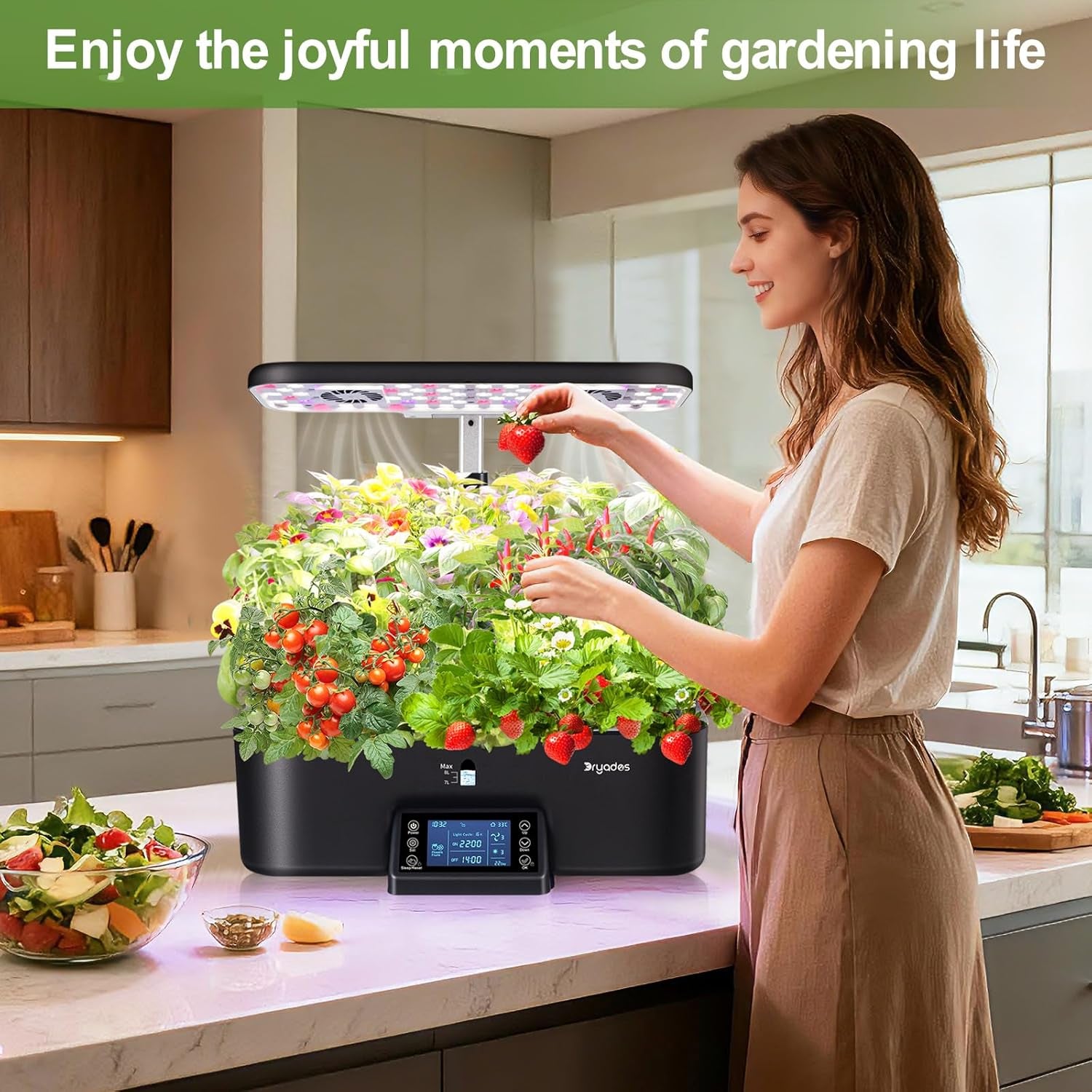 Sistema de cultivo hidropónico para interiores con configuración de programación de iluminación inteligente, macetas de jardín de hierbas con luz de espectro completo, 17 cápsulas, negro