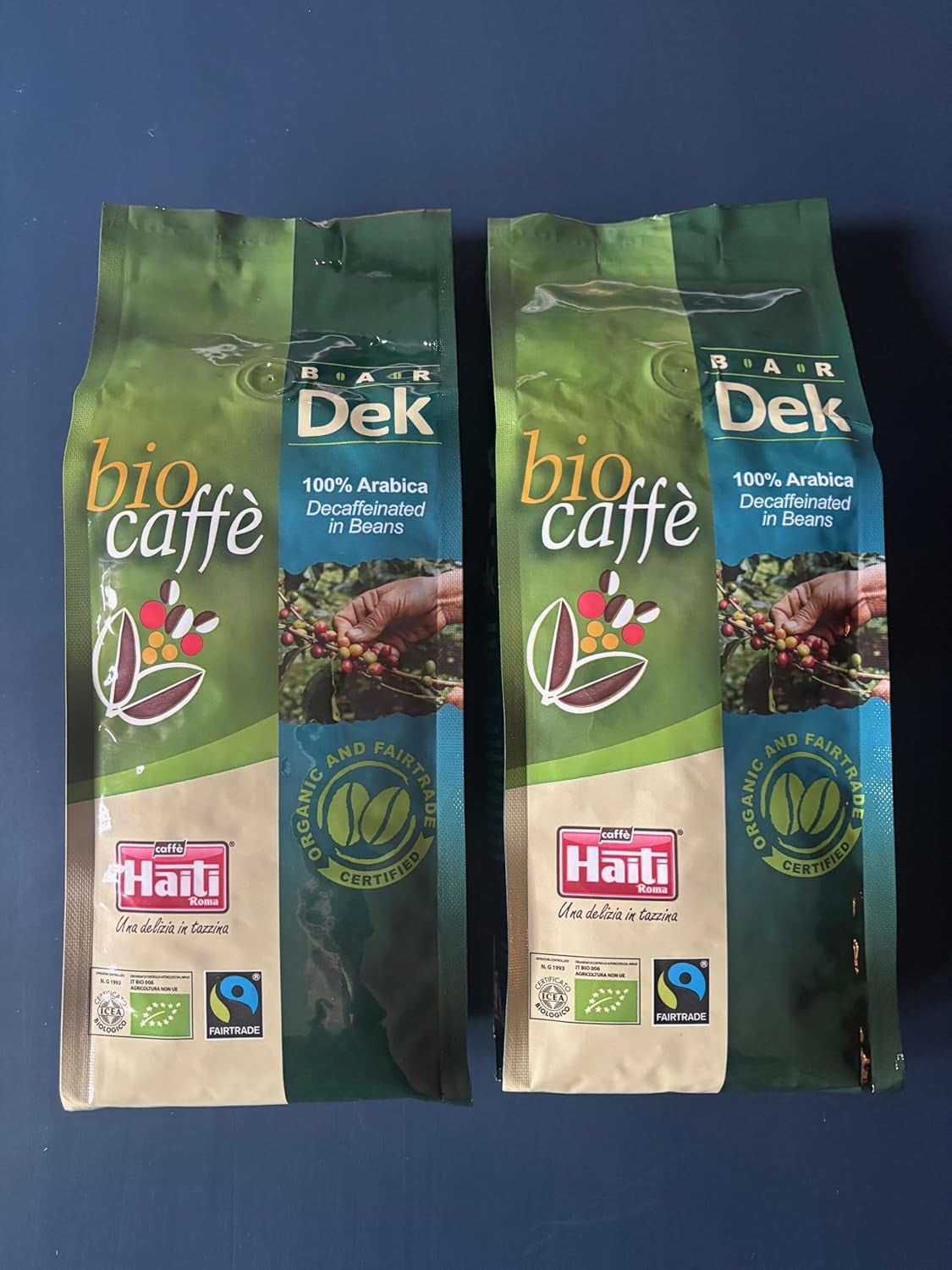 Cafea boabe decofeinizate organice Caffè Haiti Roma, 100% Arabica, certificată Fairtrade, calitate organică, pachet de 2 x 500g