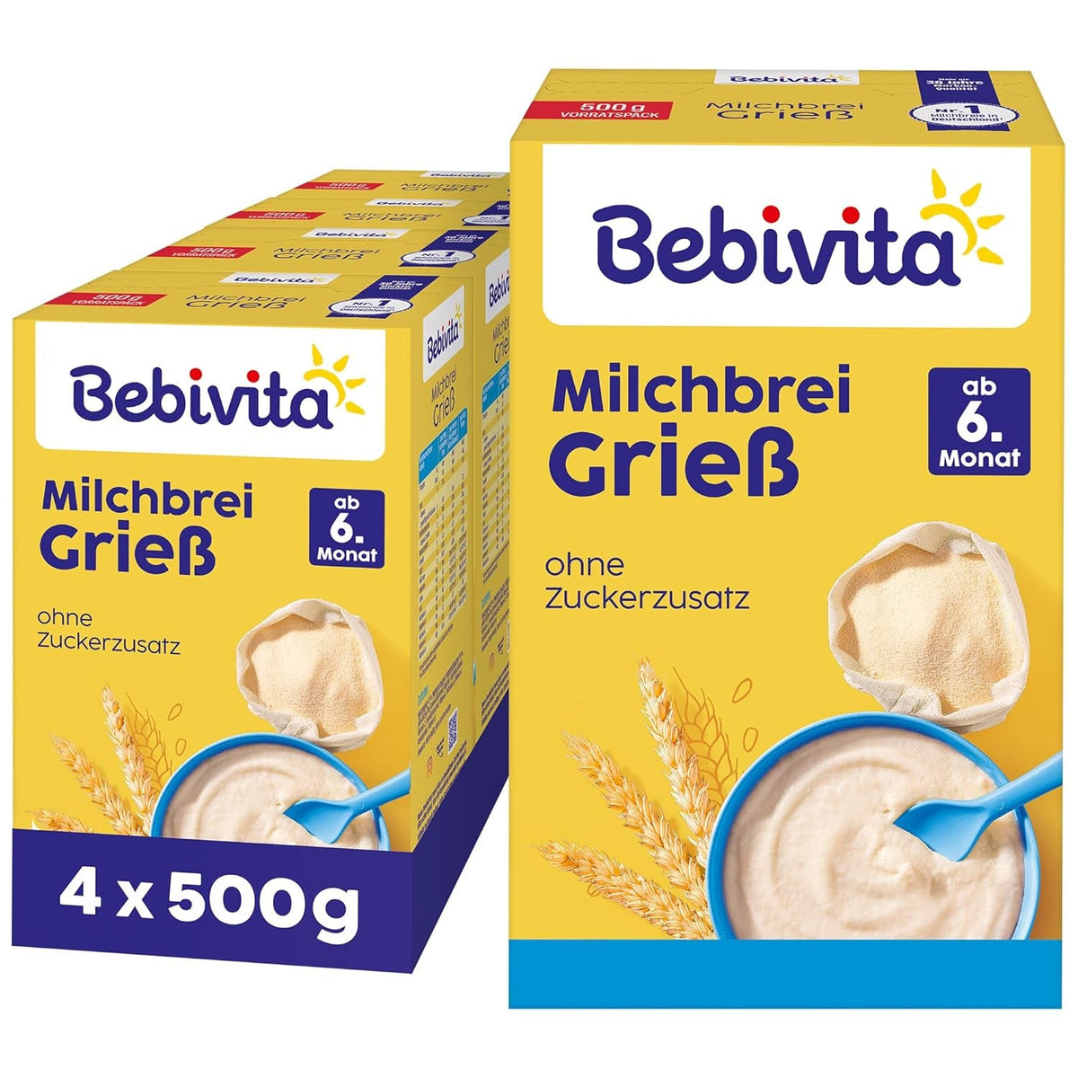 Terci de griș cu lapte (4 x 500g), hrană pentru bebeluși de la 6 luni, fără zahăr adăugat, cu minerale și vitamine valoroase, foarte sățios