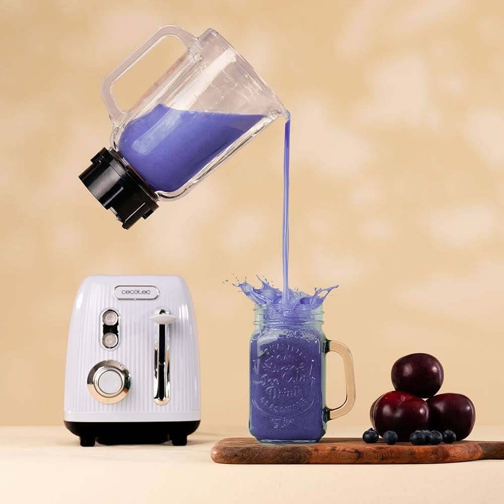 Cecotec Batidora amasadora Retro Power Black Titanium Retroblue, 1200 W de potencia máxima, 1,5 L de capacidad de cristal, Einstellbare Geschwindigkeit, 4 Klingen Mit Schwarzem Titanbeschichtung, 100% Kupfermotor. Cocina Naty Tienda