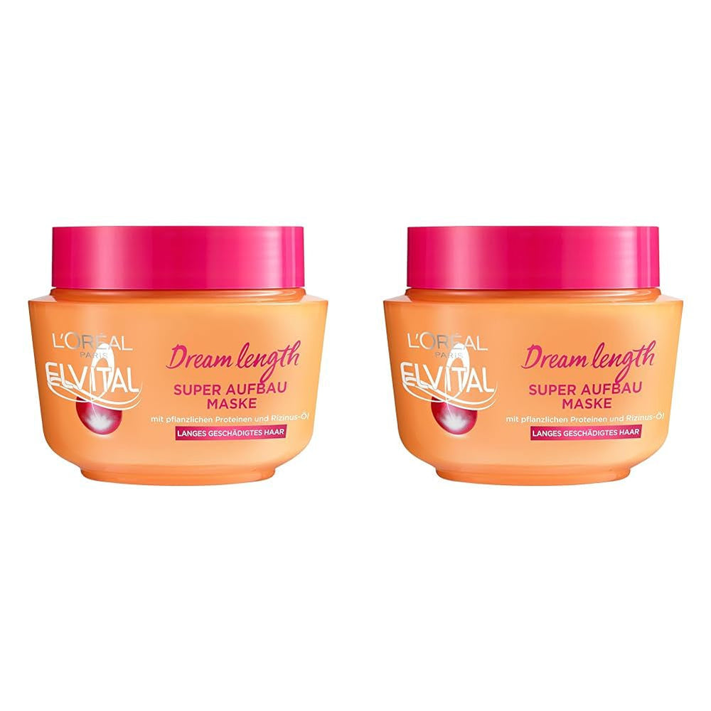 L'Oréal Paris Elvital Anti Split End Hair Mask pentru păr lung, deteriorat, Tratament intensiv pentru clătire, Cu vitamine vegetale și ulei de ricin, Dream Length Super Build-up Mask, 1 x 300 ml Masca de par Naty Shop Titlu implicit