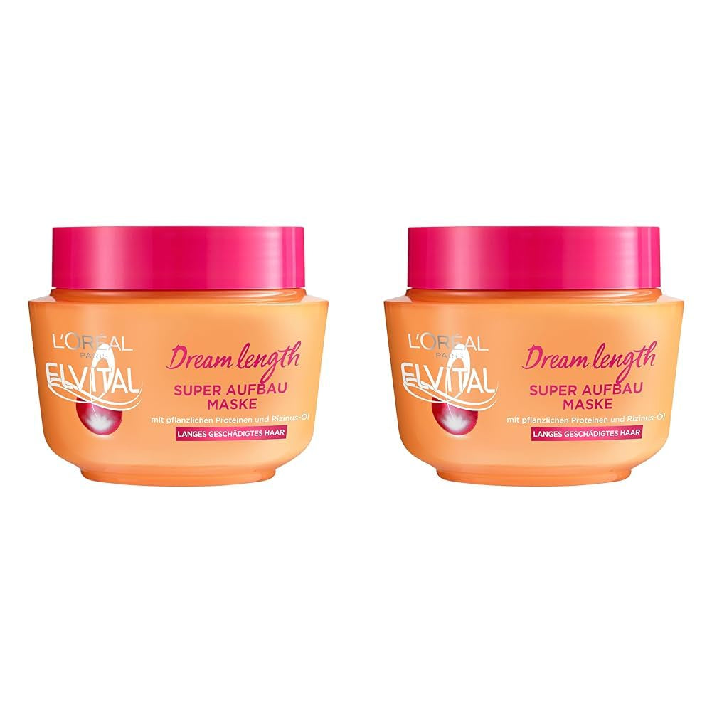 L'Oréal Paris Elvital Anti Split End Hair Mask pentru păr lung, deteriorat, Tratament intensiv pentru clătire, Cu vitamine vegetale și ulei de ricin, Dream Length Super Build-up Mask, 1 x 300 ml Masca de par Naty Shop Titlu implicit