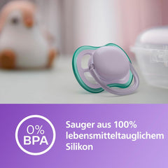 Suzete Philips AVENT ultra air – Suzete ușoare și respirabile pentru bebeluși cu vârsta cuprinsă între 0 și 6 luni, fără BPA, cu recipient de transport ca sterilizator, pachet de 2, model SCF085/24