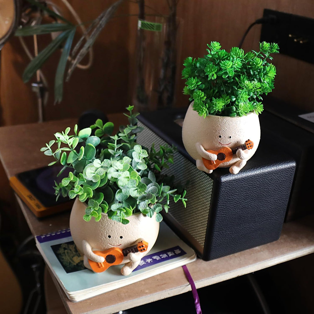 Ghiveci cu față zâmbitoare, cap drăguț din rășină, ghivece pentru coliere de perle, chitară unică, ghivece suculente pentru interior și exterior, idee de cadou, pentru mamă