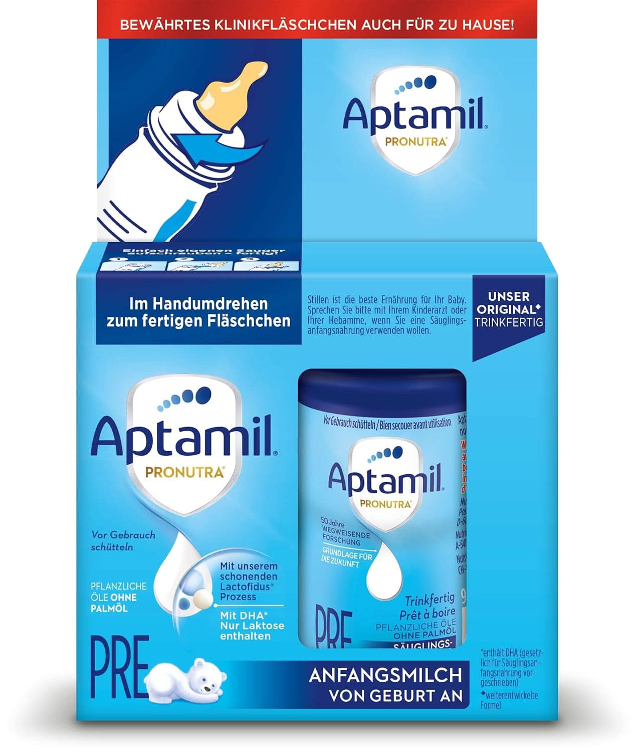 Aptamil Pronutra PRE - Lapte inițial de la naștere, cu DHA, doar lactoză, fără ulei de palmier, mâncare pentru copii, lapte praf, 800 grame Mama si Copilul Naty Shop 4 x 180 ml Aptamil Pronutra Pre