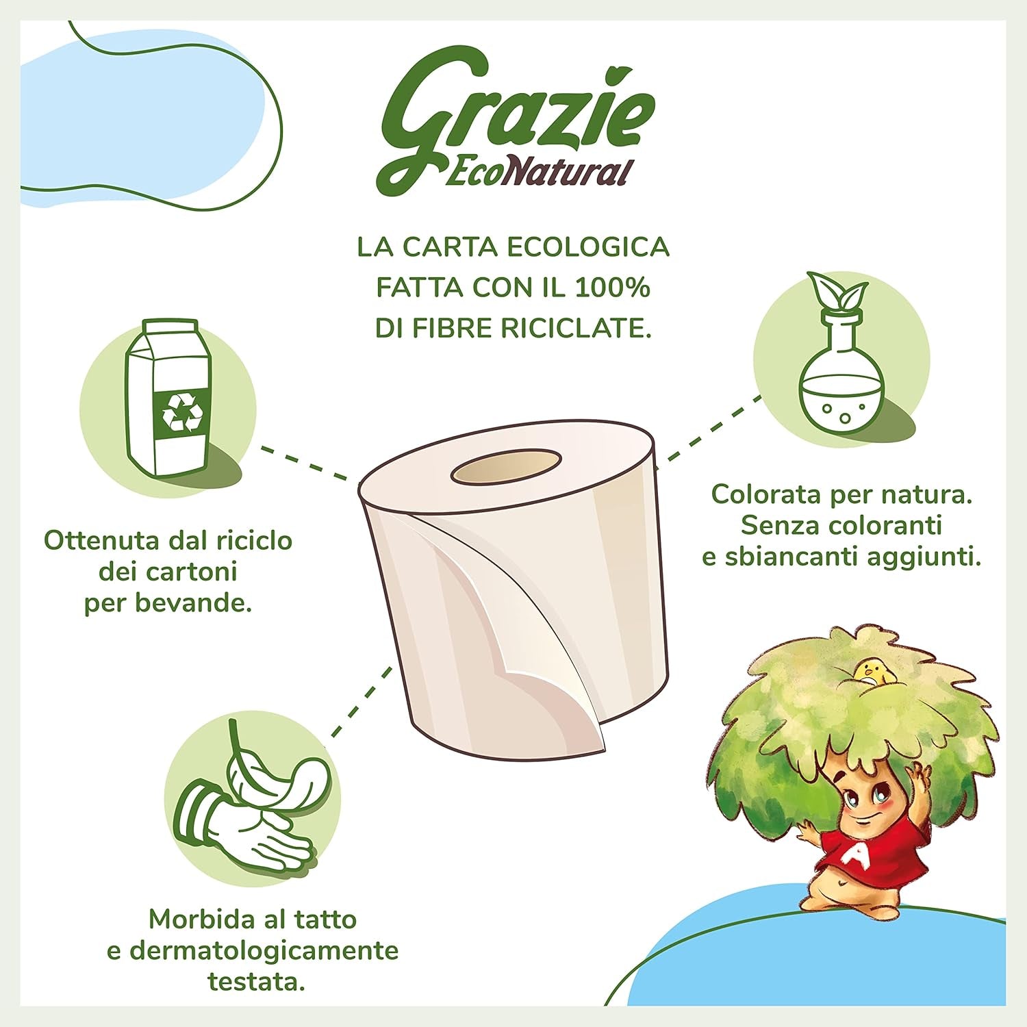 Hârtie igienică Grazie Natural, Econatural, 56 role, hârtie igienică reciclată Fibrepack, 100% ecologică, prietenoasă cu mediul, certificată cu etichetă ecologică și reciclată FSC, fabricată în Italia
