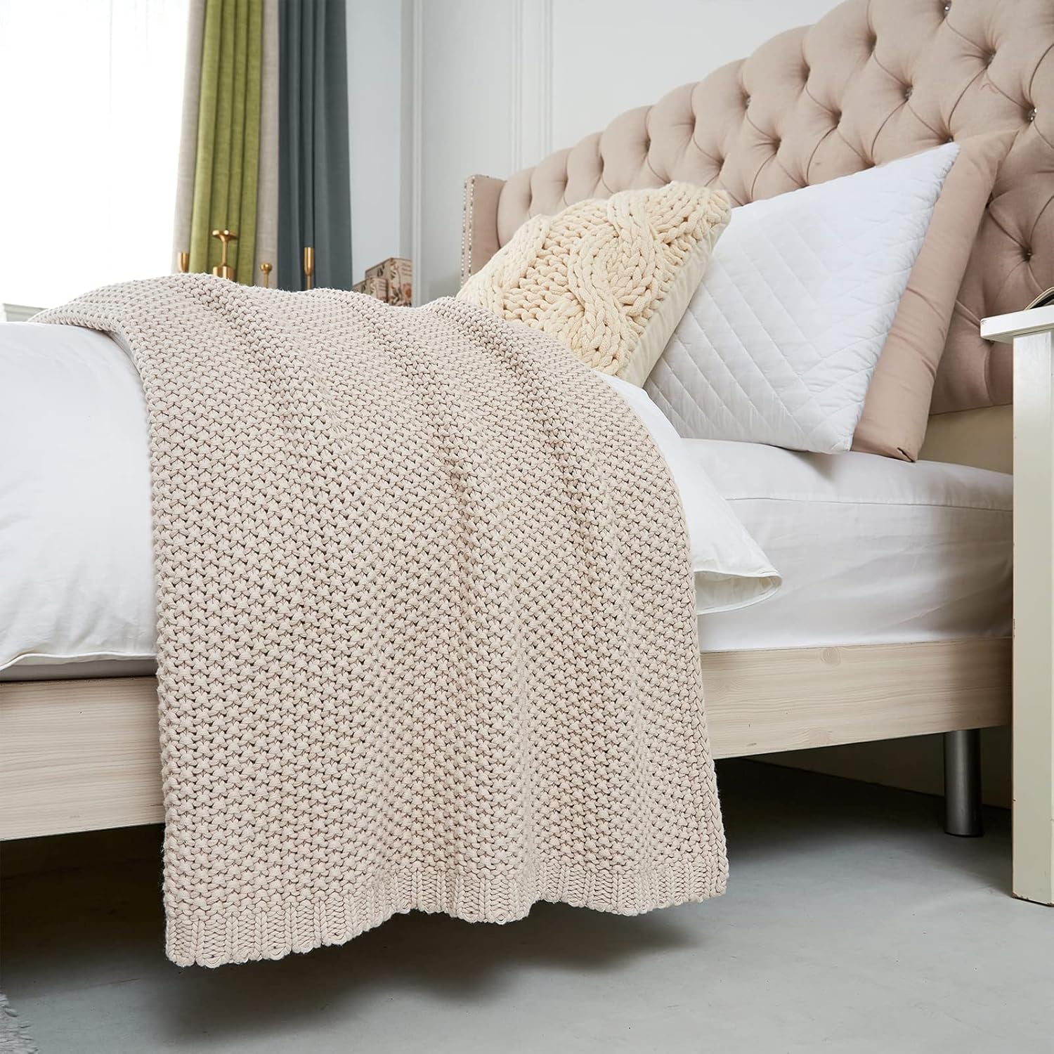 Chunky tricot arunca pătură, Lightweight, Bej, 100% bumbac organic, Pătură pentru canapea, canapea, pat, copil, camera copiilor, Rustic, Shabby chic, Modern farmhouse, 152.4 X 203.2 cm, Inclusiv sac de rufe Paturi si Cuverturi Longhui bedding