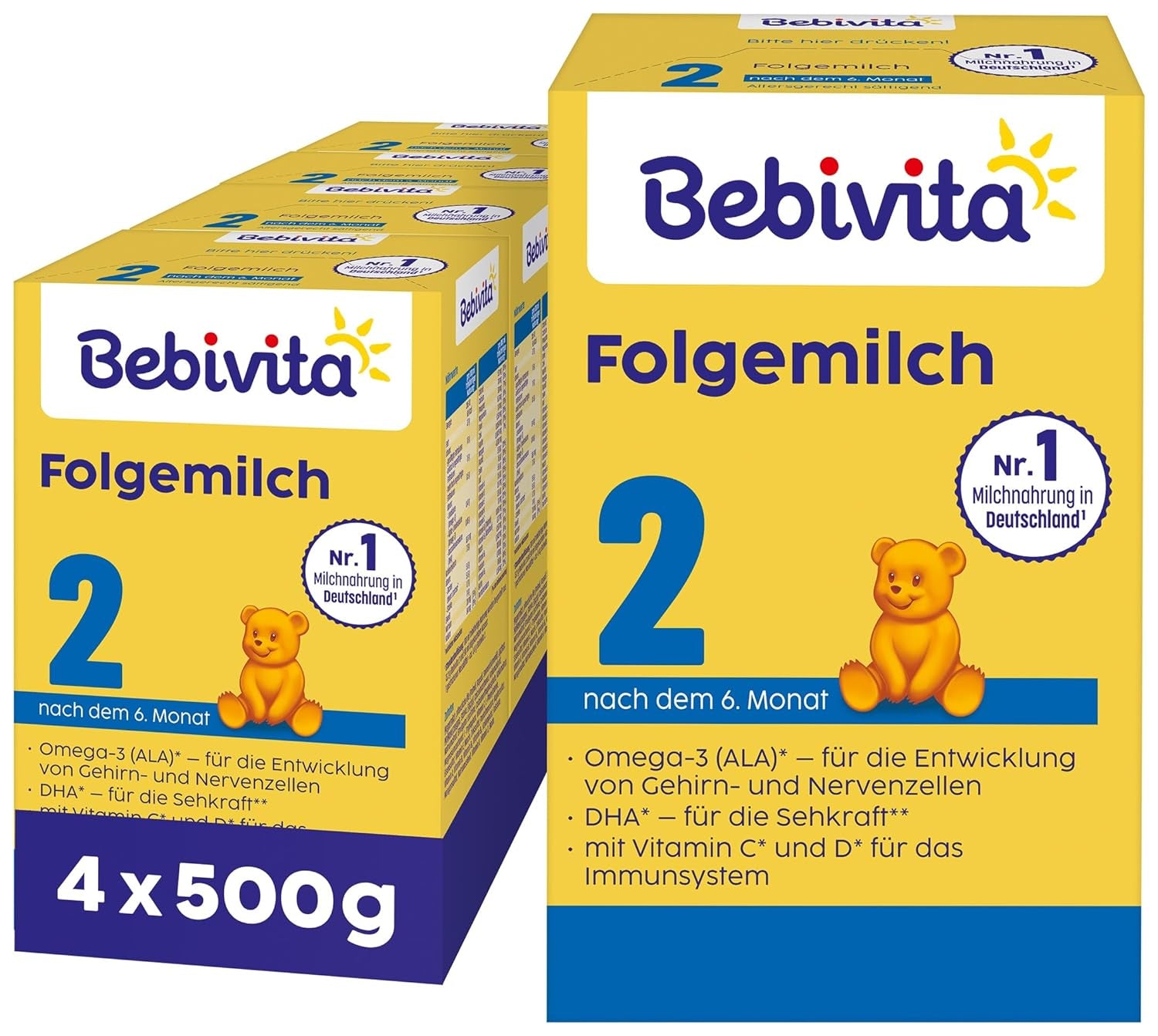 2 Folgemilch (4 x 500 g), cada 6 meses, con vitamina C y D, omega-3 (DHA), altersgerecht sättigend