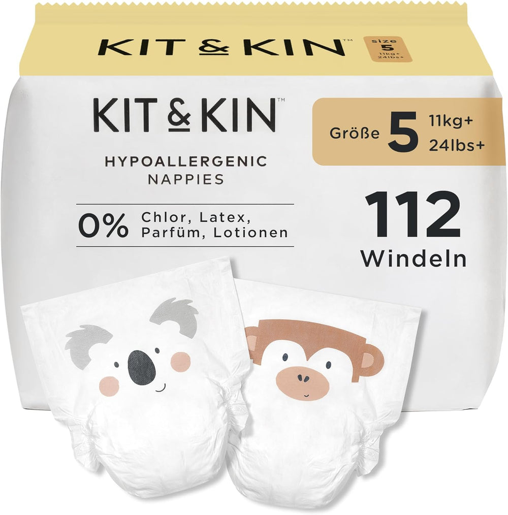 Kit & Kin Pañales Premium, tamaño 4 (9-14 kg), 128 unidades, a base de plantas e hipoalergénicos, protección confiable contra fugas, veganos y libres de crueldad