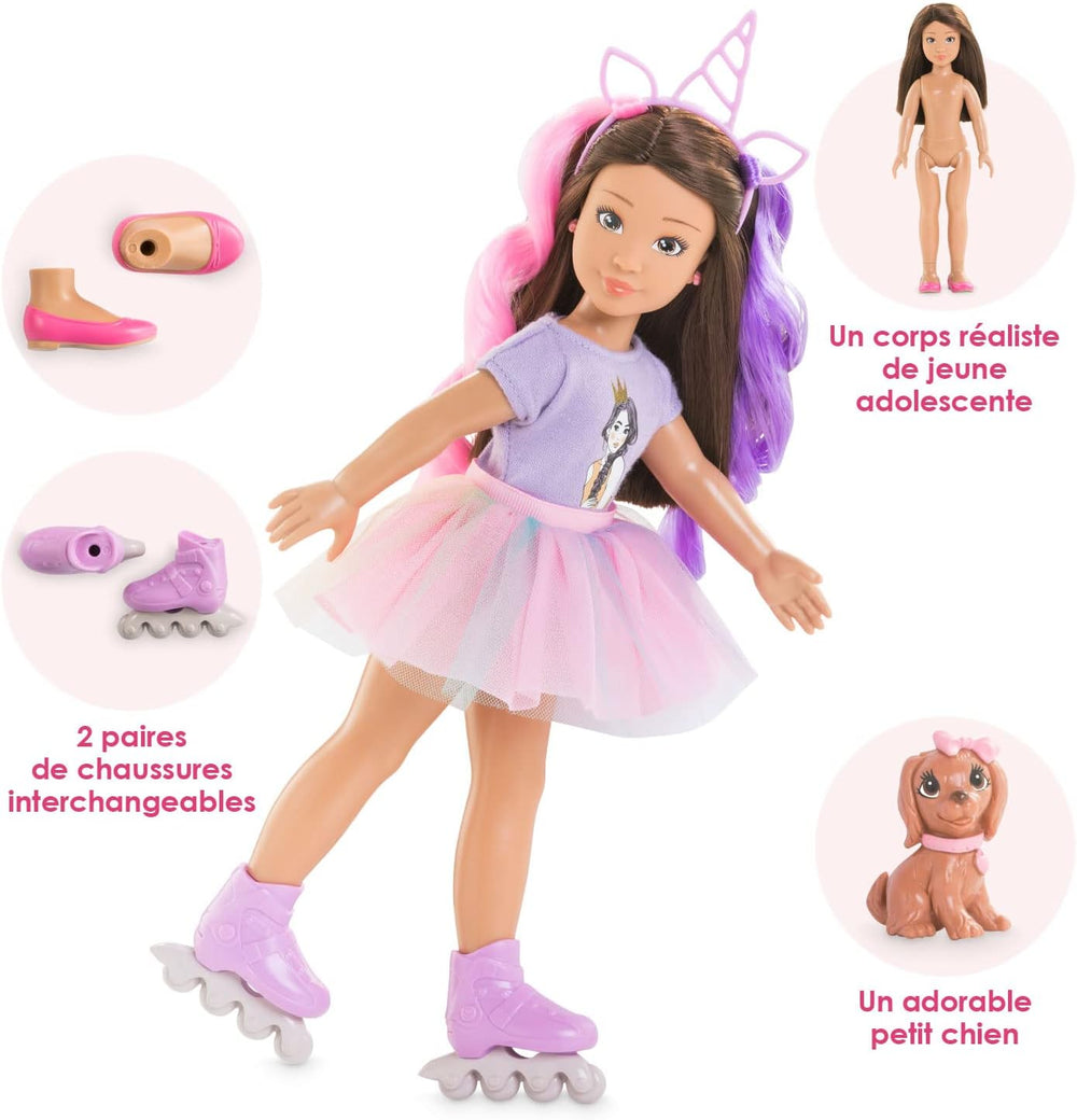 Corolle 9000600030 - Conjunto Luna Einhorn para niña, puppe de tobillo en traje de verano con perro, cinta para el pelo, anillos y gomas extra, puppe de 28 cm con Vanilleduft, de 4 años