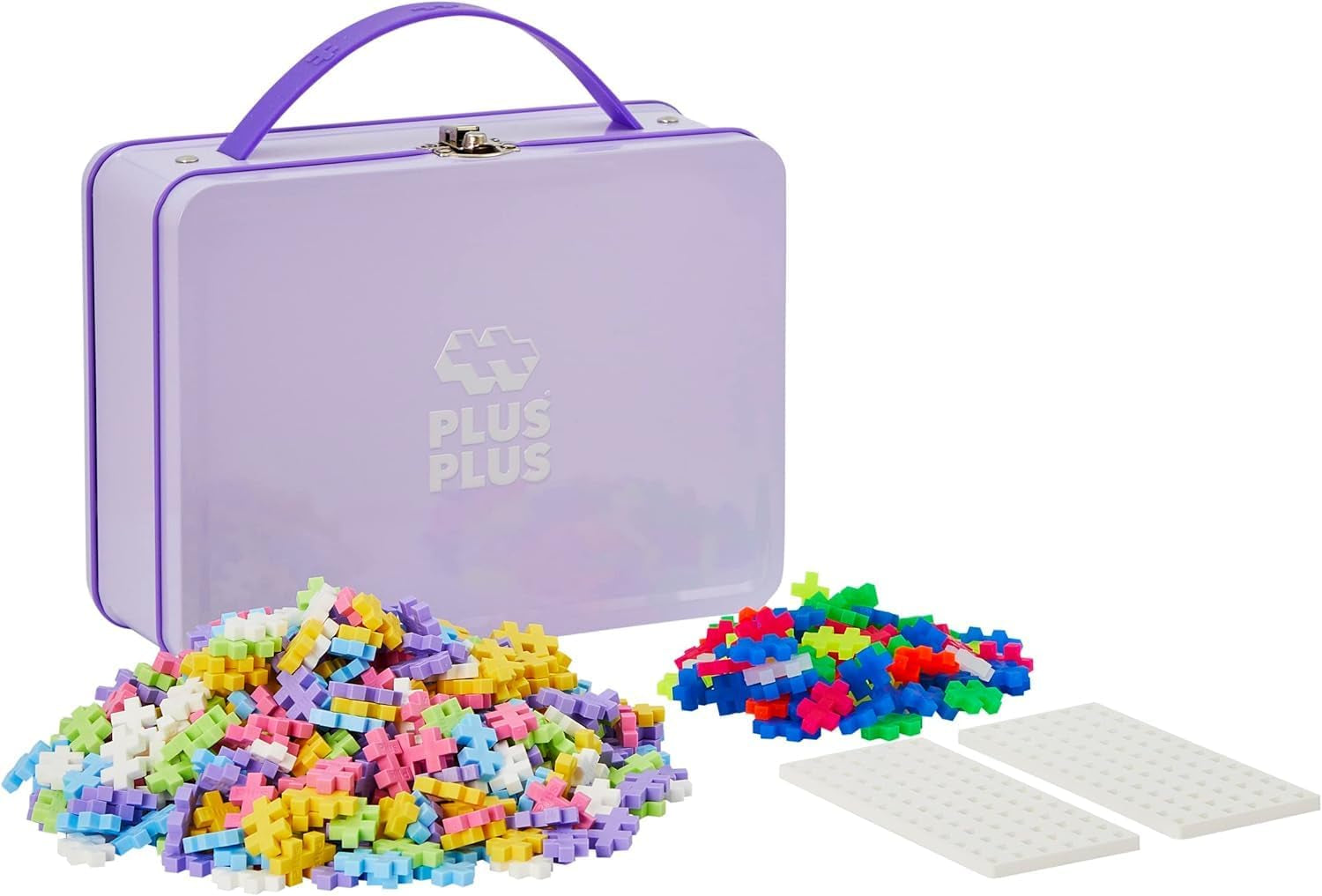Plus-Plus 9607002 Geniales Konstruktionsspielzeug, Basic, Bausteine-Set in praktischer Metall-Box mit Henkel, 600 Teile, bunt