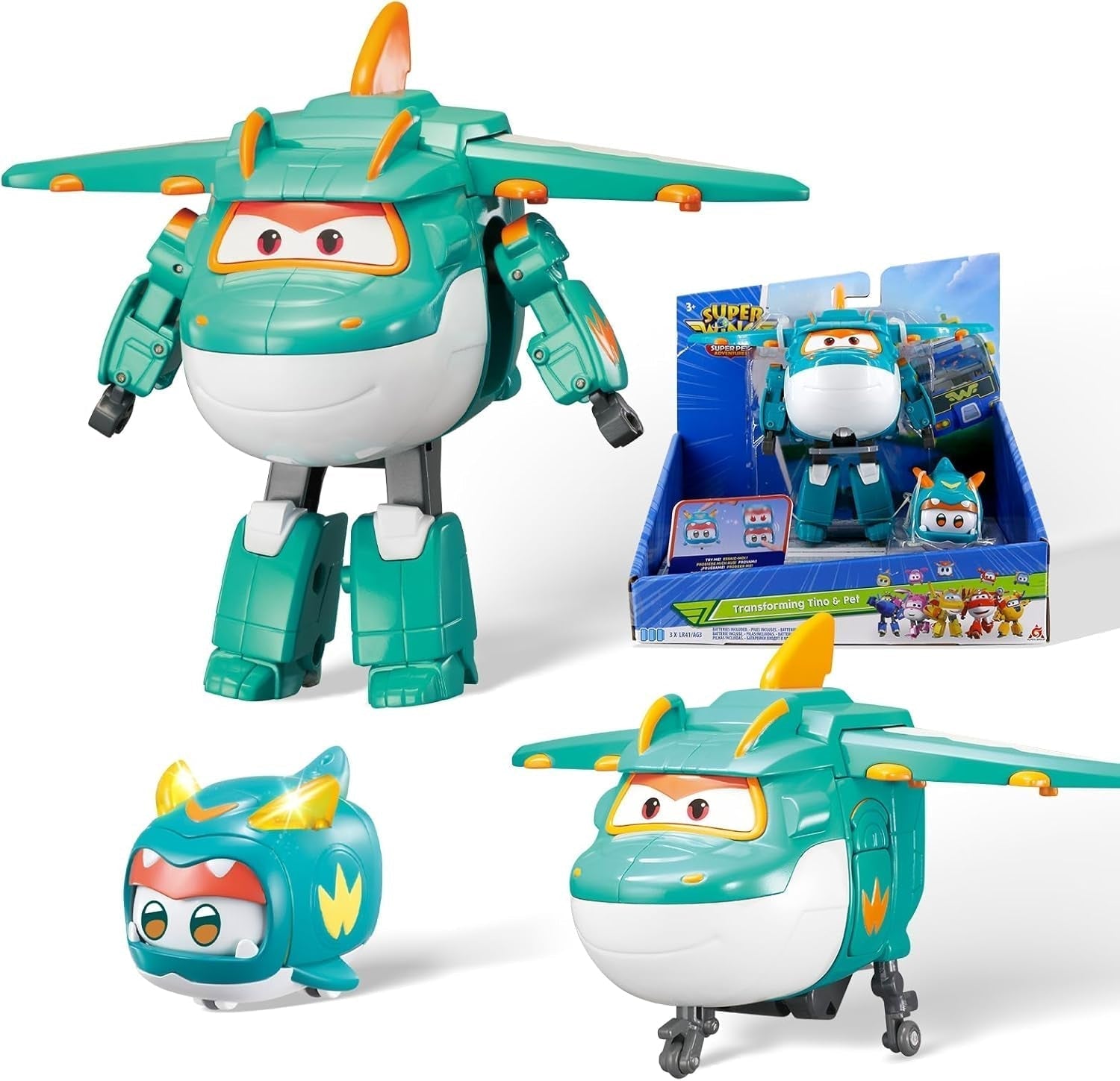 Super Wings EU770447 - Transforming Tino & Pet, figura de juguete transformable aprox. 14,5 cm y mascota con una altura de aprox. 4,3 cm, para niños mayores de 3 años Figuras de acción Naty Shop Tino
