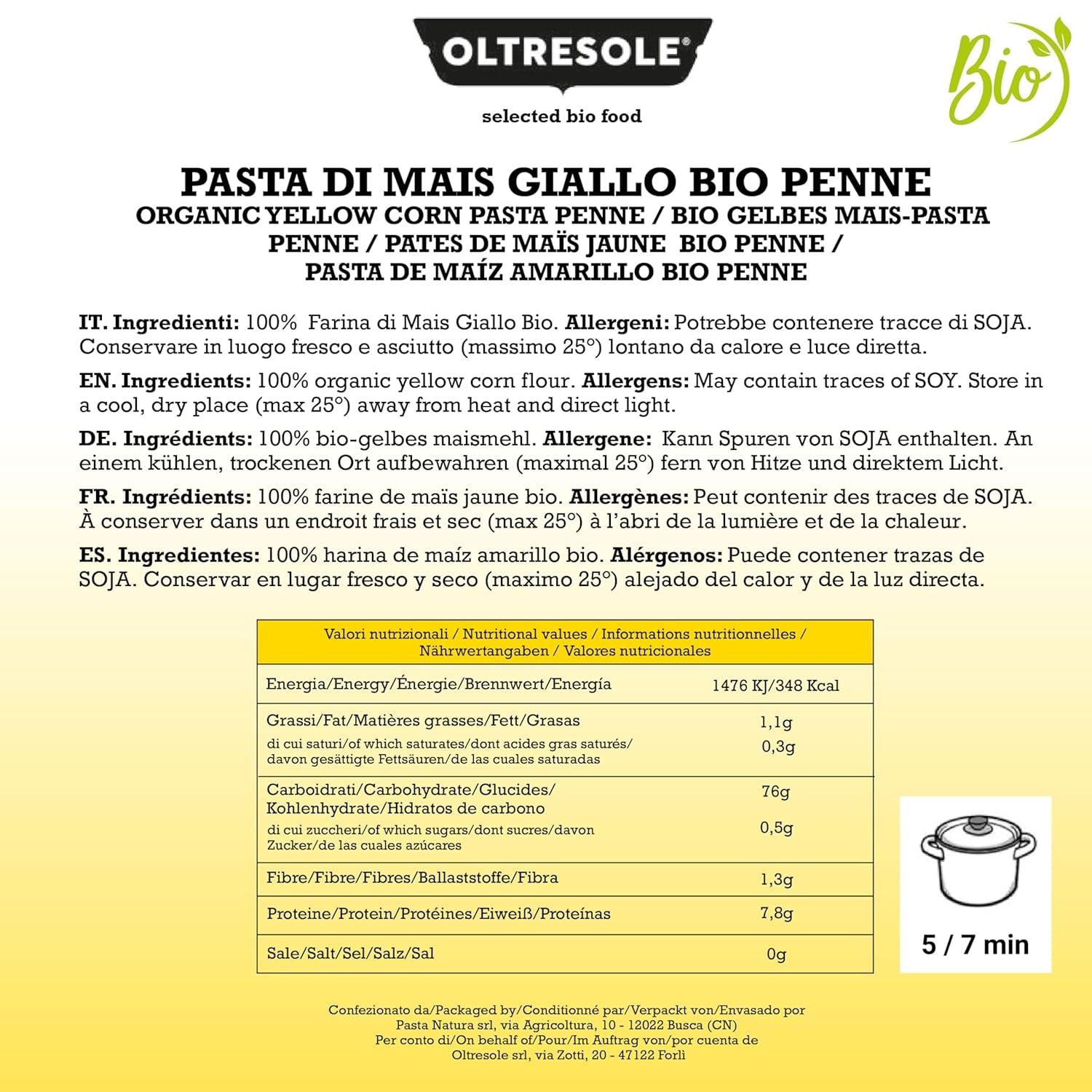 Pasta di Mais Giallo Biologica Italiana Gluten Free, Formato Penne - pasta sin gluten, 100% farina di mais giallo orgánica, vegana, confezione da 3 pacchi da 350 g