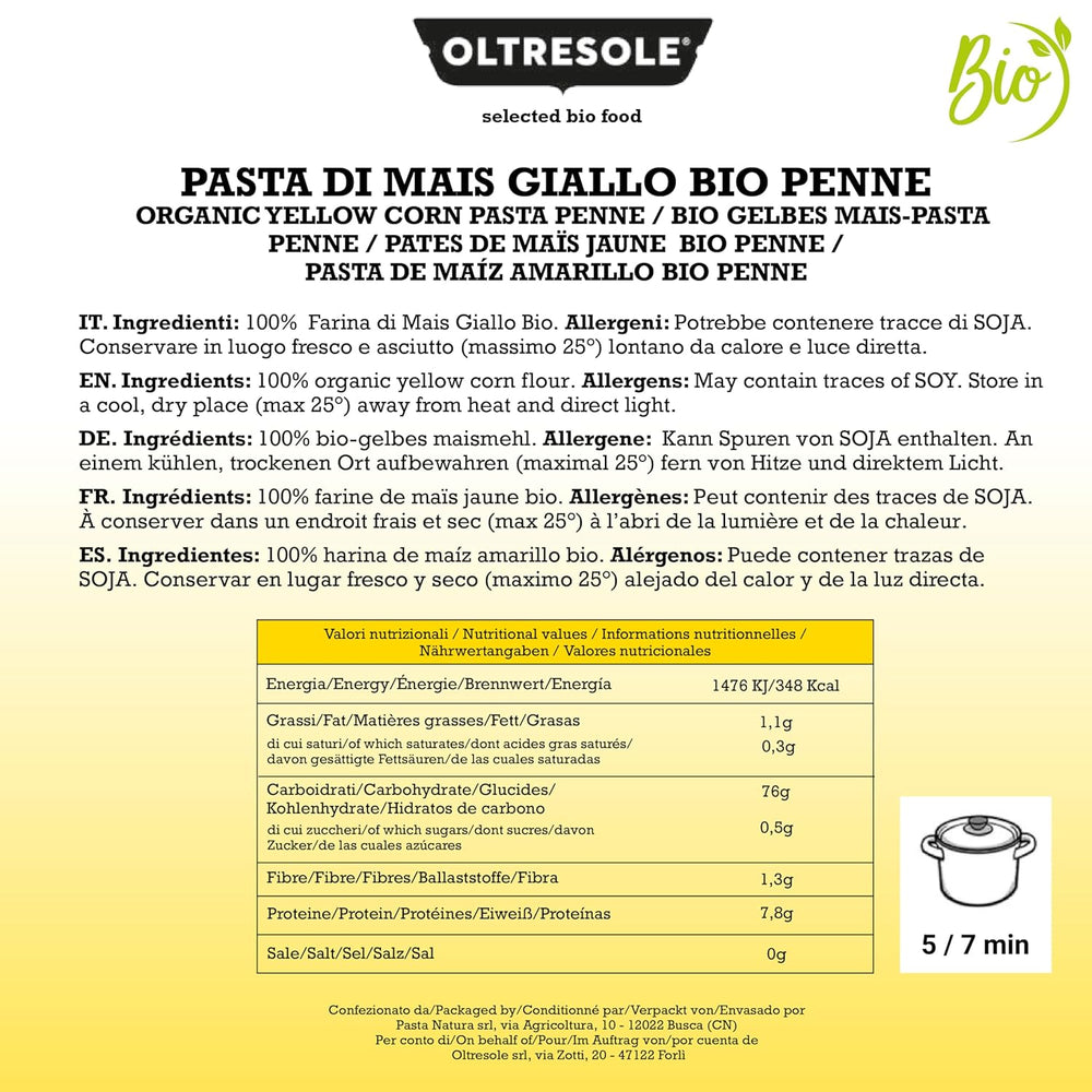 Pasta di Mais Giallo Biologica Italiana Gluten Free, Formato Penne - pasta sin gluten, 100% farina di mais giallo orgánica, vegana, confezione da 3 pacchi da 350 g